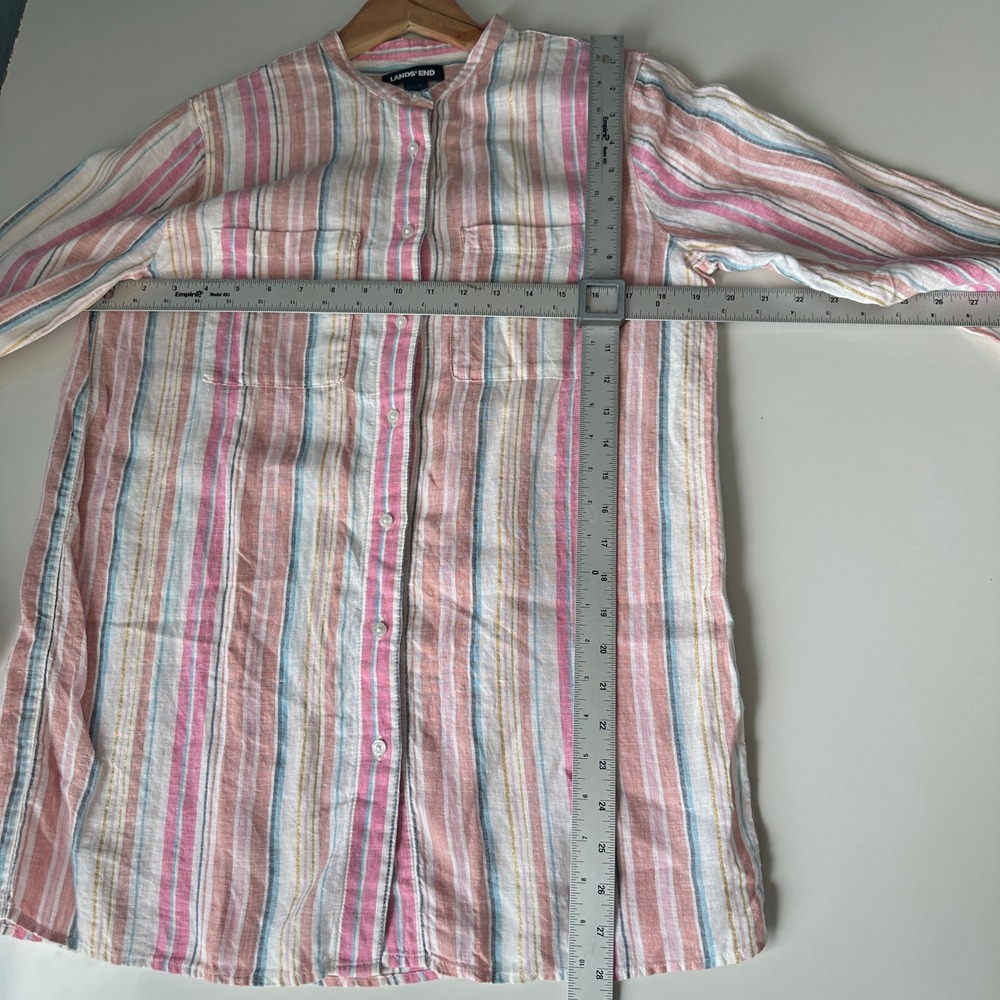 Lands' End‎  Linen Shirt Button Down Striped Pink S/T Classic Business Metallic - Picture 11 of 12